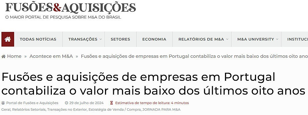 Fuses e aquisies de empresas em Portugal contabiliza o valor mais baixo dos ltimos oito anos